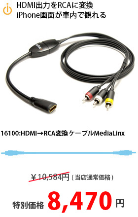 HDMI出力をRCAに変換、iPhone画面が車内で観れる